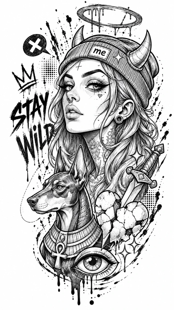 Black linework design: a woman in a horned beanie beneath a halo, with a dog, dagger, cracked heart, eye and Stay Wild lettering.