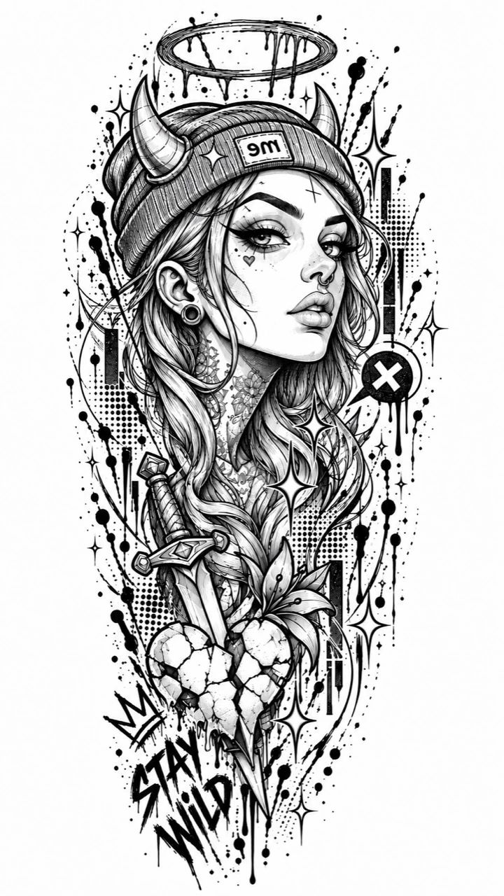 Black linework design: a woman in a horned beanie and halo, surrounded by a dagger, cracked heart, small skull and Stay Wild lettering.