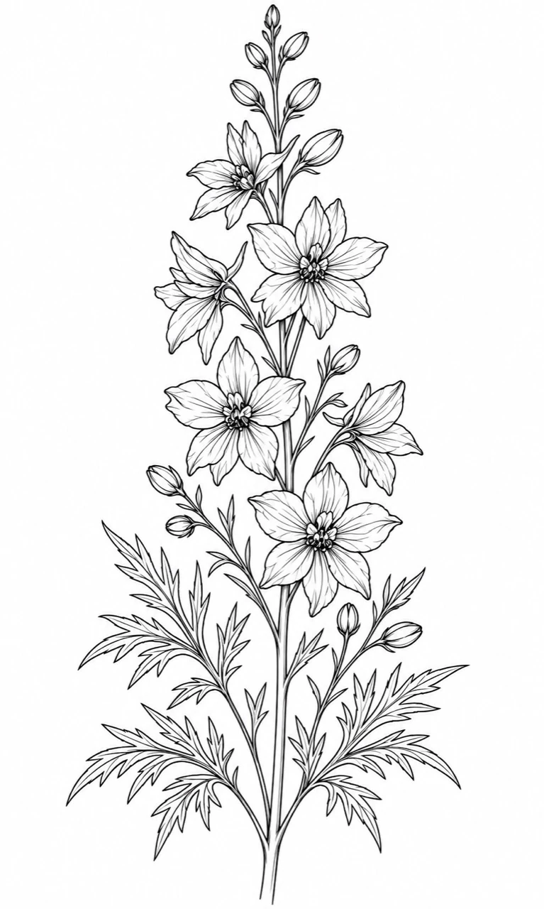 Black linework design: a vertical botanical composition with open flowers, small buds and deeply divided leaves.
