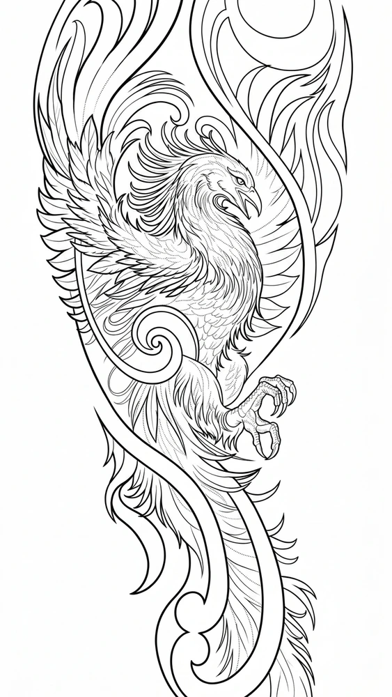 Black linework design: rising phoenix.