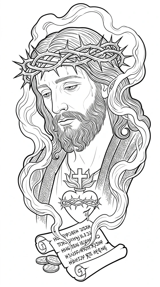Black linework design: sacred heart of jesus.