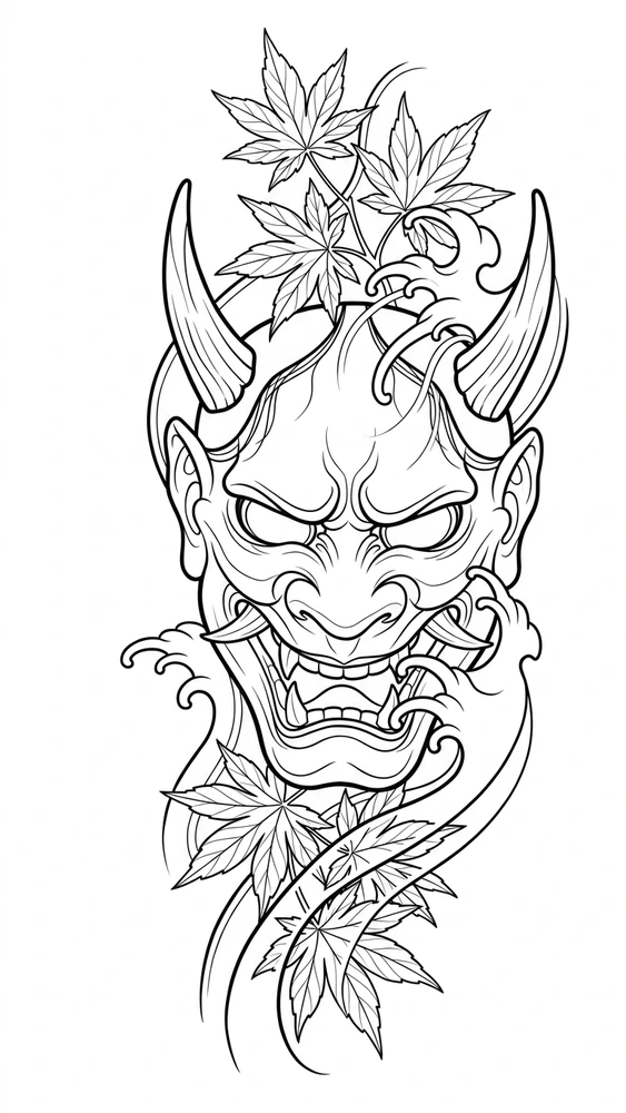 Black linework design: hannya mask with maple leaves.