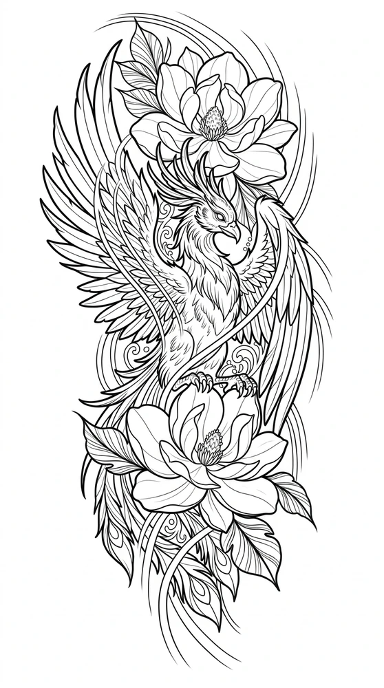 Black linework design: phoenix with magnolia blossoms.