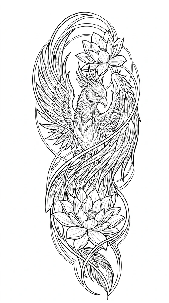 Black linework design: phoenix among lotus flowers.