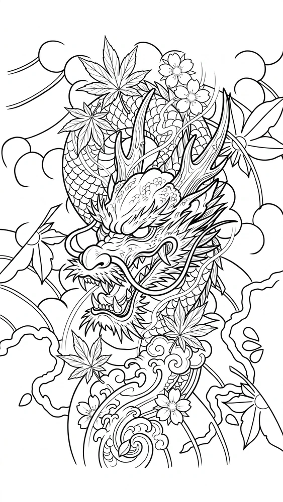 Black linework design: dragon among flowers and clouds.