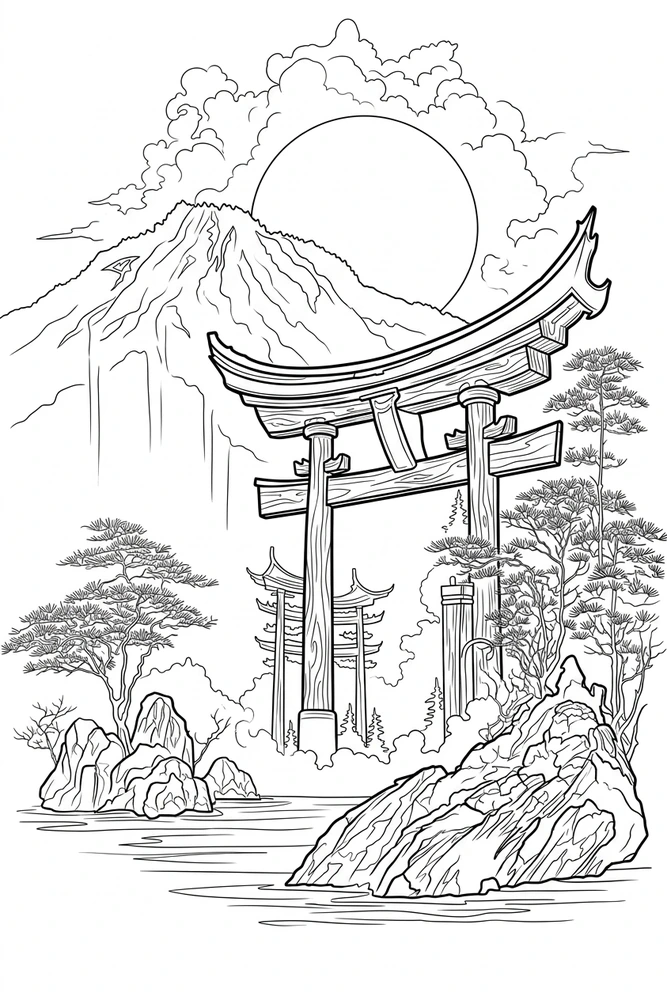 Black linework design: torii gate and mountain landscape.