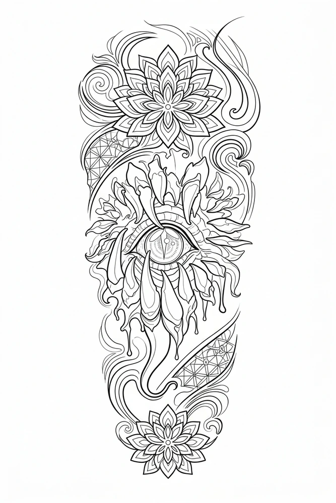 Black linework design: anatomical heart with mandalas.