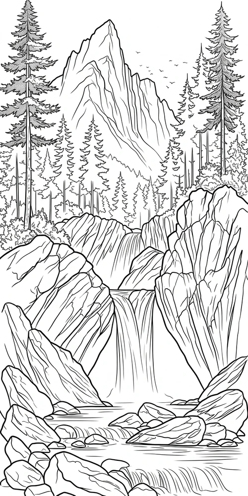 Black linework design: mountain waterfall and pine trees.