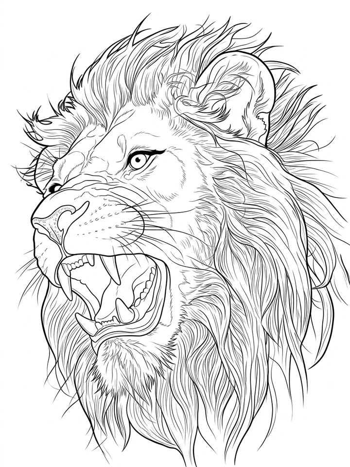 Black linework design: roaring lion side portrait.