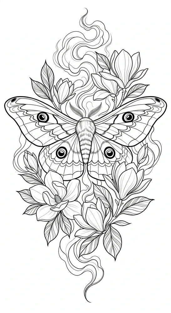 Black linework design: luna moth with blossoms.