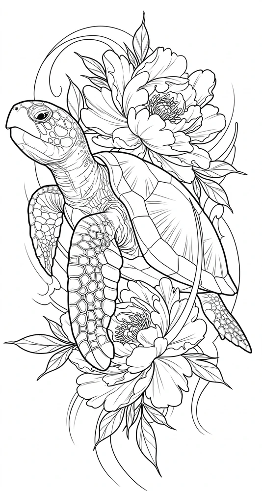 Black linework design: sea turtle and flowers.