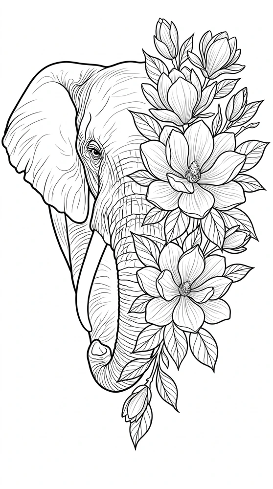 Black linework design: elephant with magnolia blossoms.