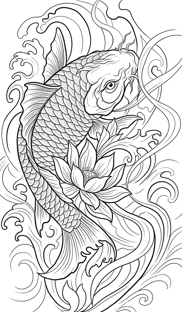 Black linework design: koi with lotus and waves.