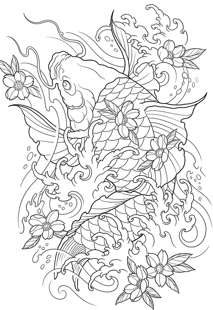 Black linework design: koi among waves and blossoms.