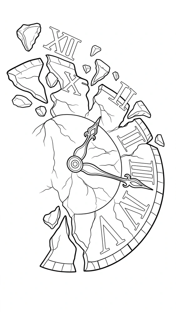 Black linework design: fractured roman numeral clock.