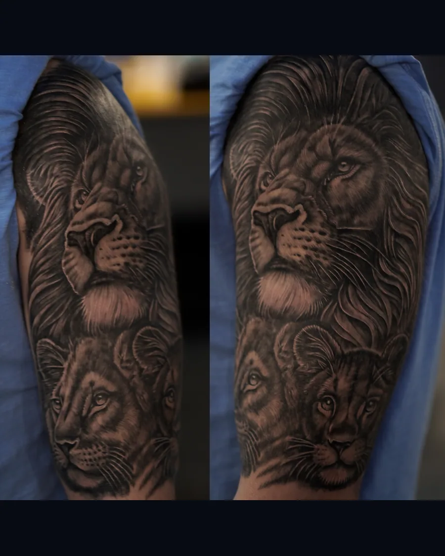 A black-and-gray lion and cub tattoo, shown from two angles.