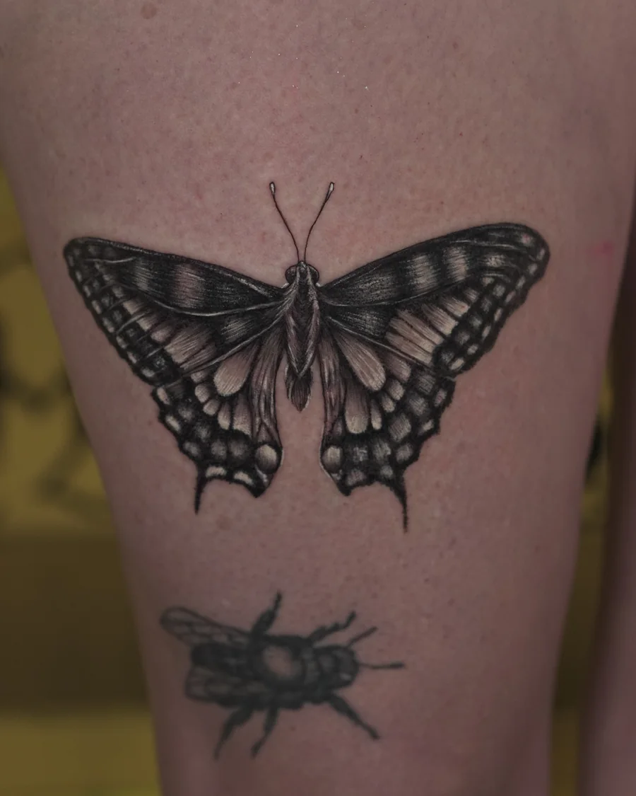 A butterfly tattoo in black and gray with spread wings and fine vein-like detail.