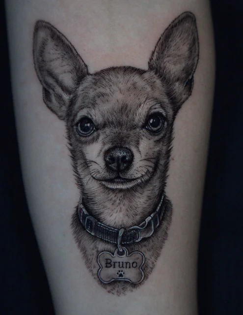 Tatuaje de William Martz: Bruno — black & grey dog portrait