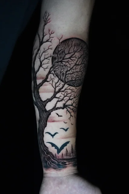 Tatuaje de William Martz: Moon, branches and bats