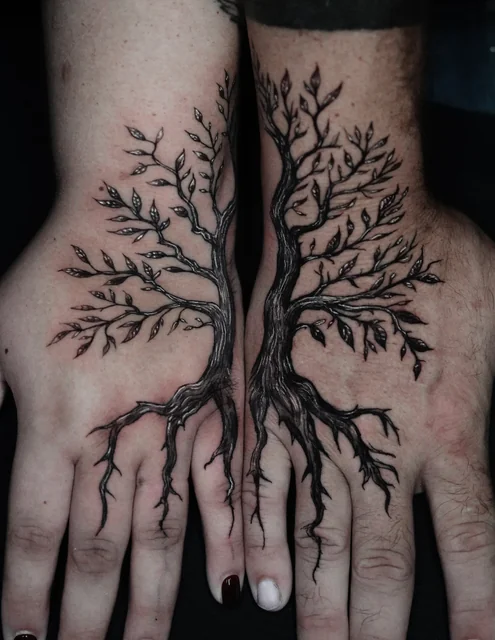 Tatuaje de William Martz: Two halves of a tree — hand tattoos